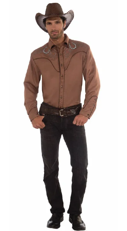 Deluxe Cowboy Mens Brown Western Costume Shirt Front Pockets Side Pockets Patch Pockets