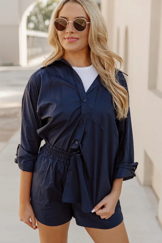 EASTON BUTTON DOWN SHIRT AND SHORTS SET IN NAVY Beaded Sequined Faux Fur