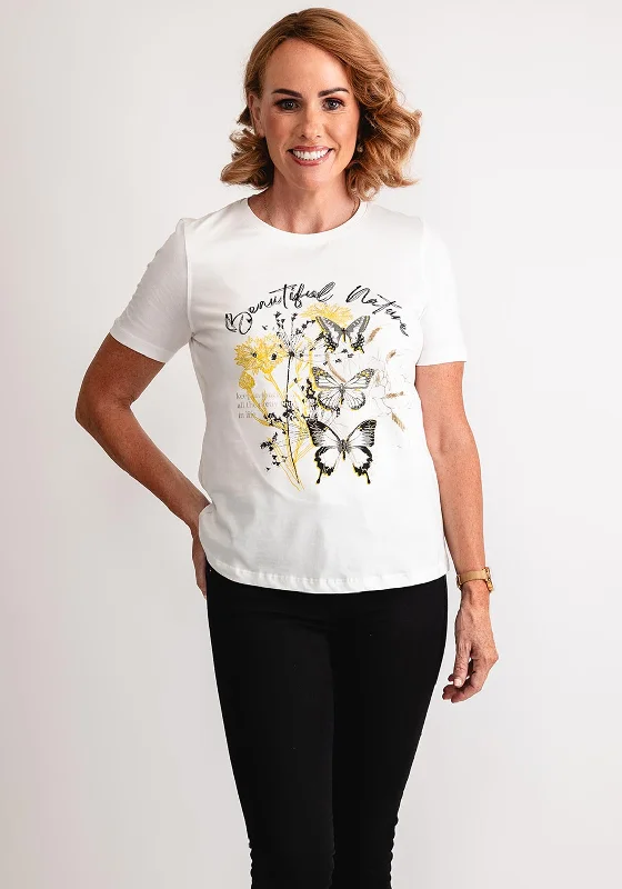 Gerry Weber Butterfly Print Graphic T-Shirt, White Mesh Canvas Denim