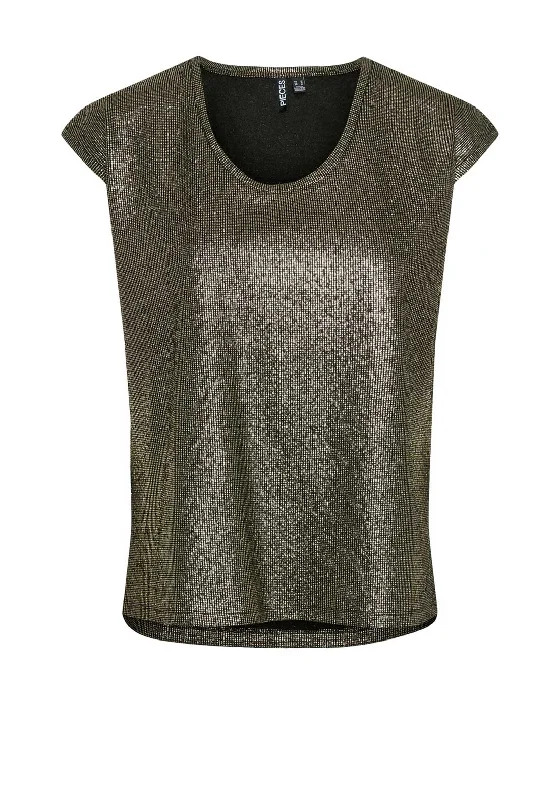 Pieces Nilana Metallic T Shirt, Gold Chenille Blend Fleece Blend Nylon Blend