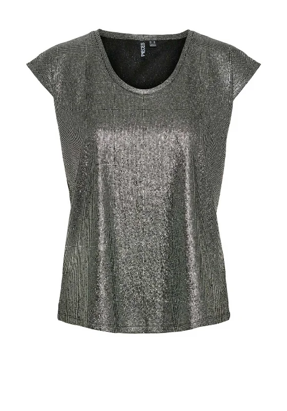 Pieces Nilana Metallic T Shirt, Silver Silk Blend Satin Velvet