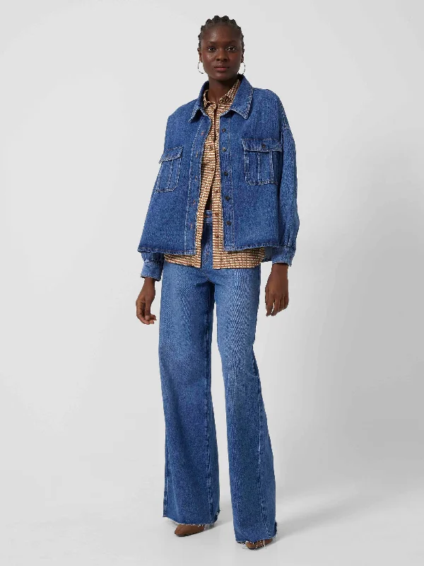 Penelope Denim Puff Sleeve Shirt Hooded Caped Shawl Collar