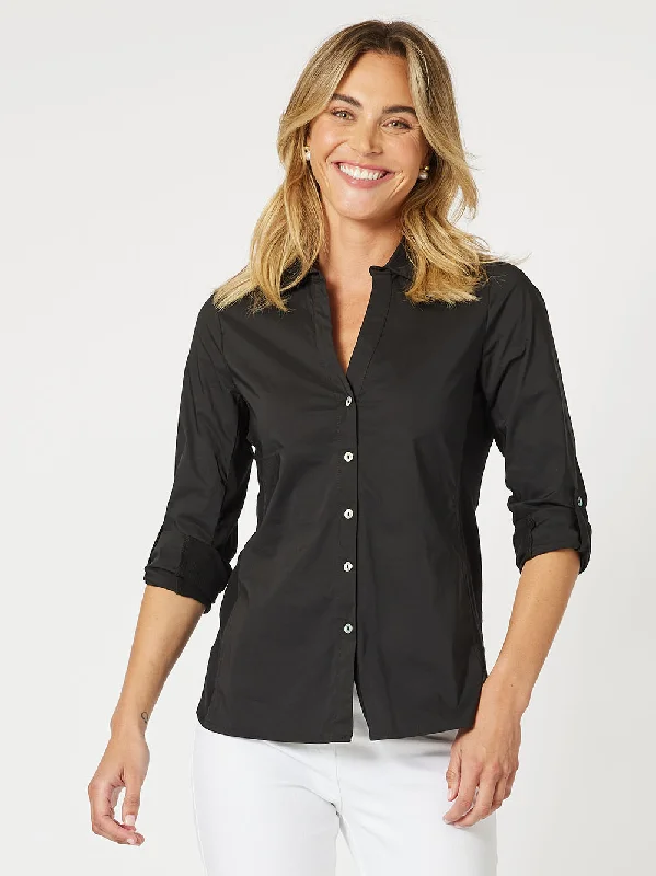 Emma Rib Detail Shirt - Black Ribbed Striped Patterned