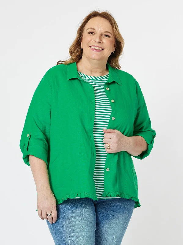 Ruffle Hem Linen Shirt - Emerald Welt Pockets Slit Pockets