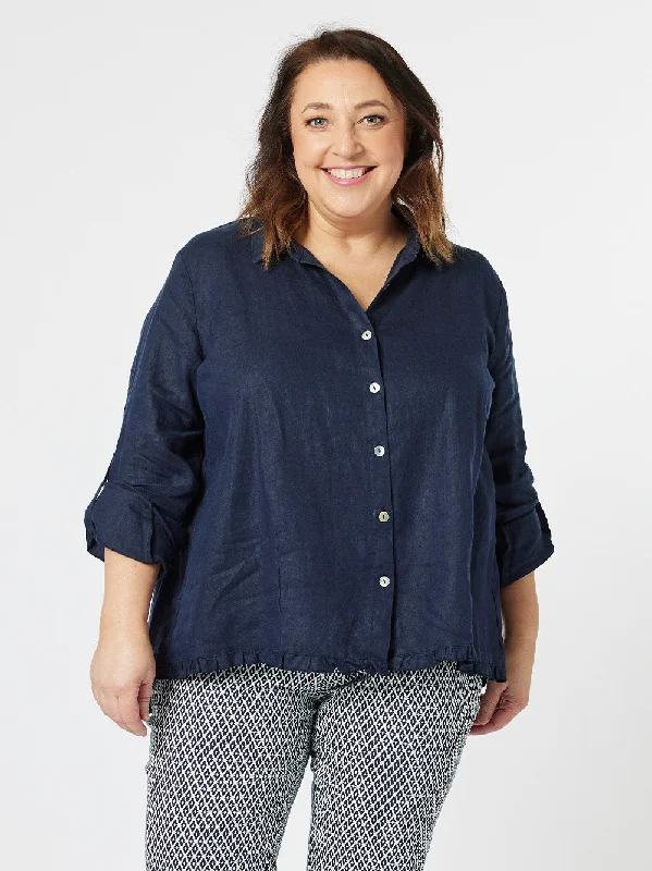 Ruffle Hem Linen Shirt - Navy V-Neck T-Shirt Long Sleeve Cotton