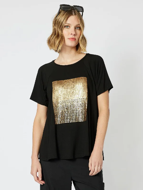 Sequin Patch - Shirt - Black Collared Crew Neck Turtle Neck