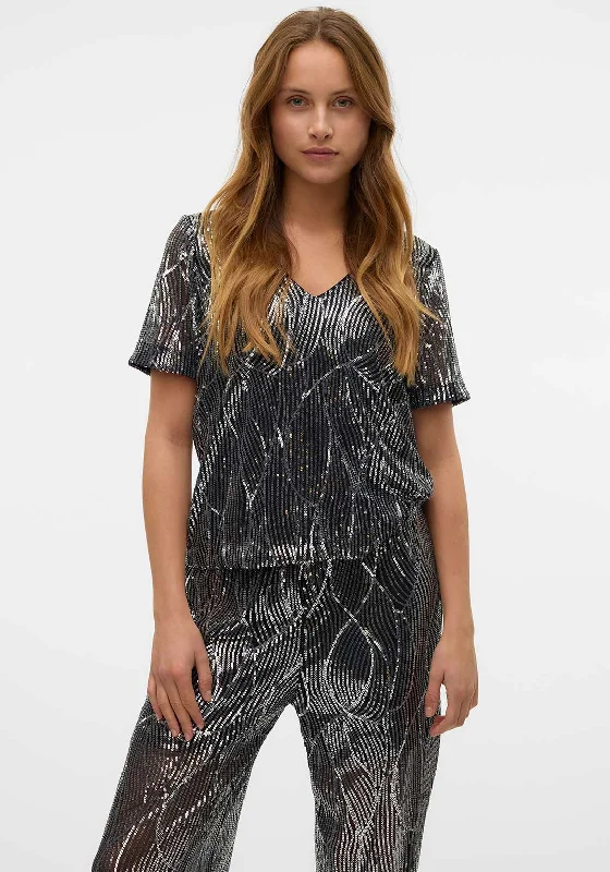 Vero Moda Ellen Sequin T Shirt, Black Houndstooth Herringbone Solid