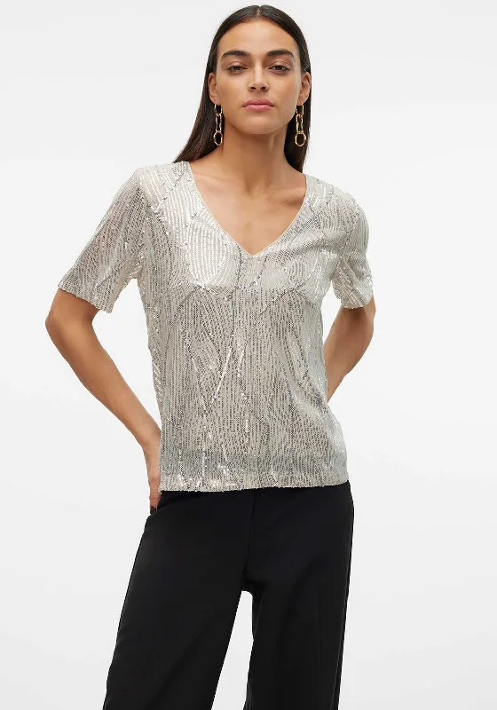 Vero Moda Ellen Sequin T Shirt, Champagne Handmade Hand-knitted Hand-woven