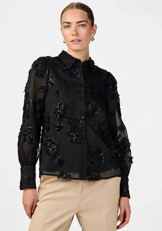 Y.A.S. Frima Floral Sequin Embellished Shirt, Black Spandex Blend Rayon Blend Denim Blend