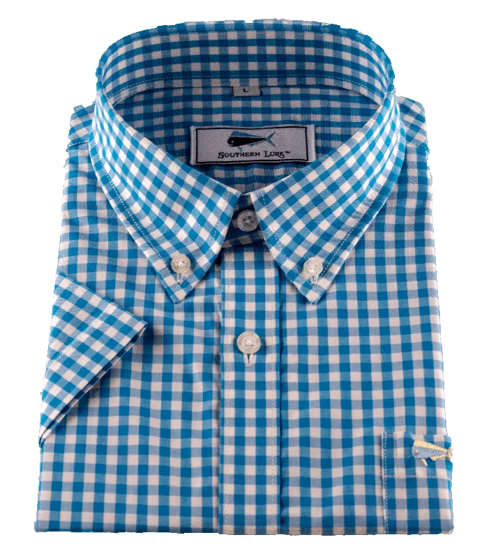 Youth Short Sleeve Woven Sport Shirt - Turquoise Gingham Rayon Fabric Velvet Fabric Corduroy Fabric