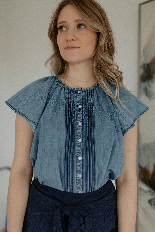 The Leni Shirt by FRNCH - Denim Blue Collared T-Shirt Boat Neck A-Line