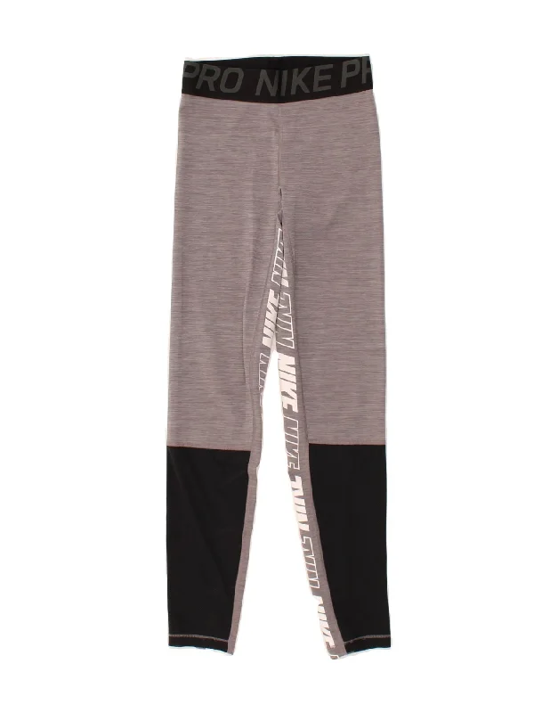 NIKE Womens Dri Fit Graphic Leggings UK 8 Small  Grey Colourblock Cozy Lounge Pants Leggings