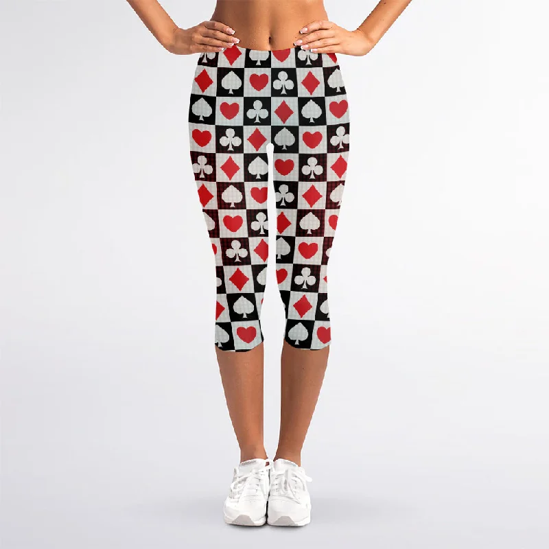 Playing Card Suits Check Pattern Print Women's Capri Leggings Trendy Sweat-Wicking Workout Leggings