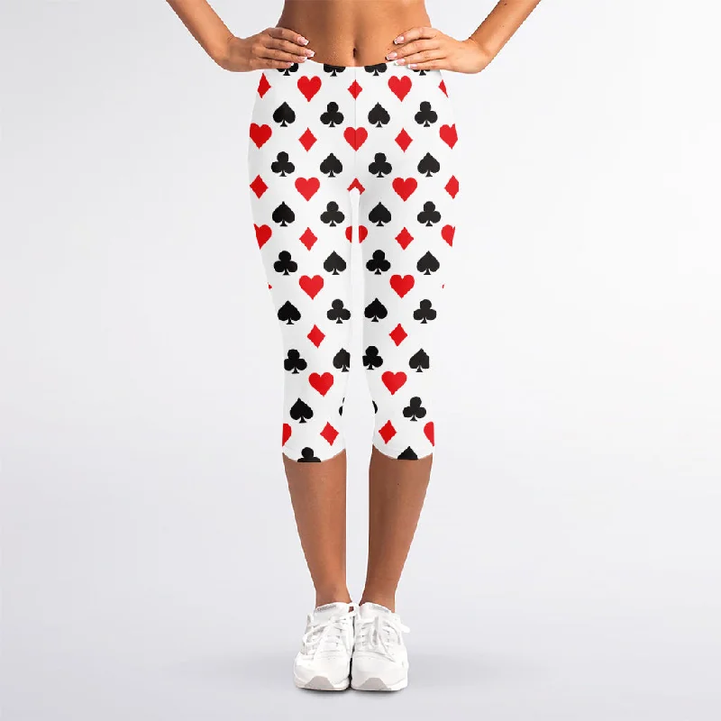 Playing Card Suits Pattern Print Women's Capri Leggings Elegant Sheer Leggings