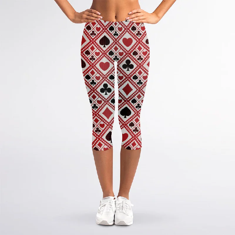 Playing Card Suits Plaid Pattern Print Women's Capri Leggings Fashionable Ribbed Knit Leggings