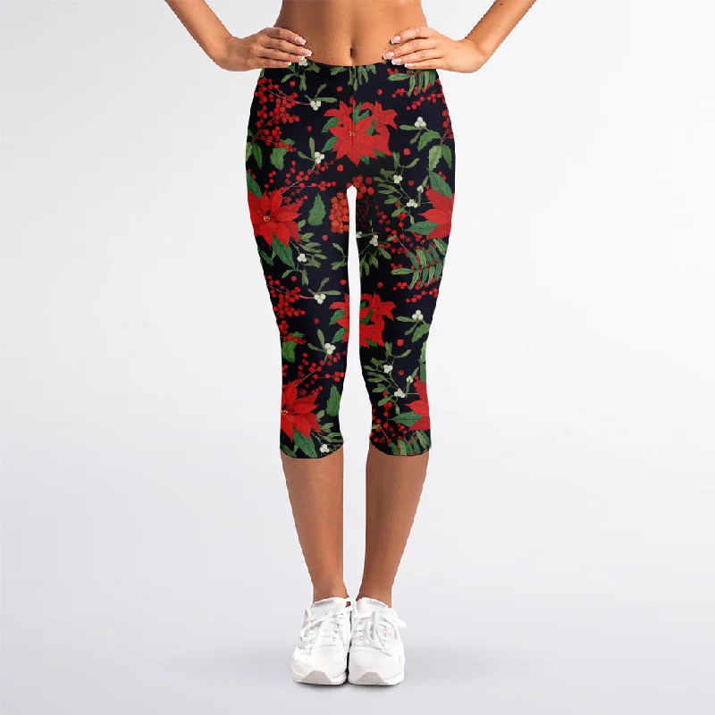 Poinsettia Flower Pattern Print Women's Capri Leggings Stylish Compression Fit Leggings