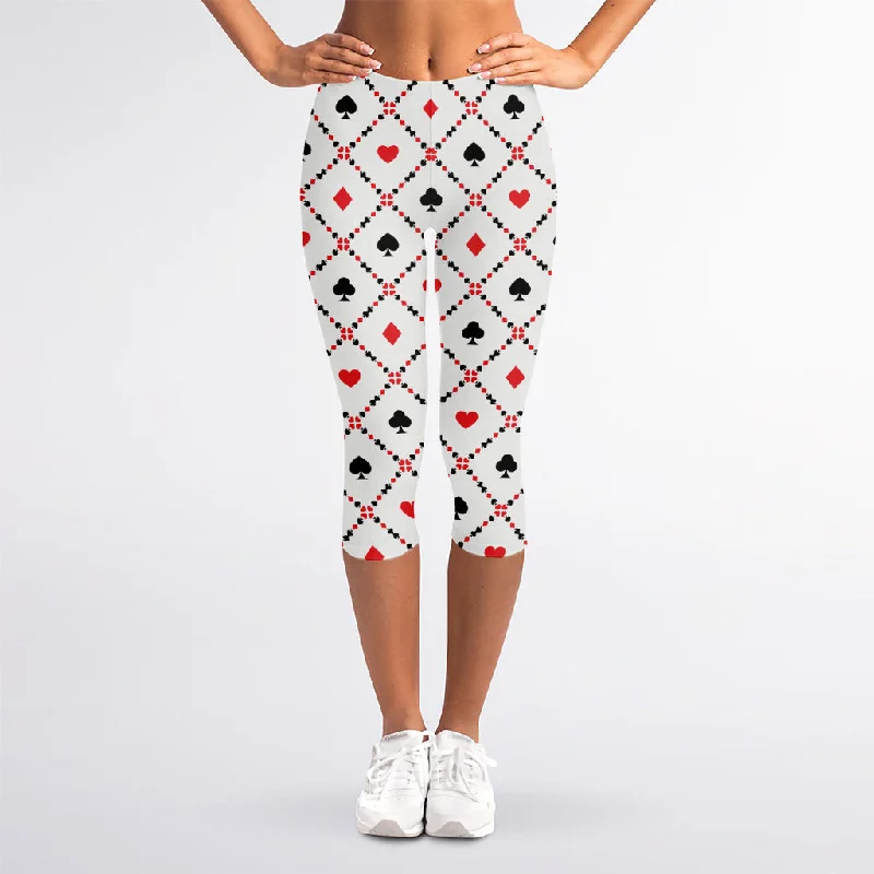 Poker Playing Card Suits Pattern Print Women's Capri Leggings Comfortable Slim Fit Leggings