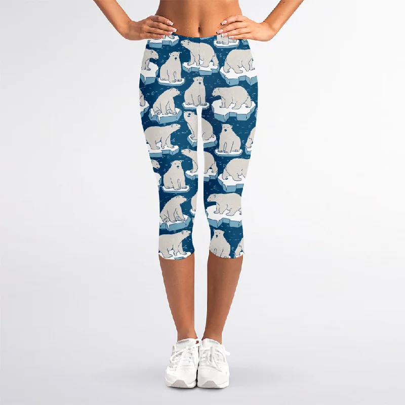 Polar Bear On Ice Pattern Print Women's Capri Leggings Trendy Faux Suede Leggings