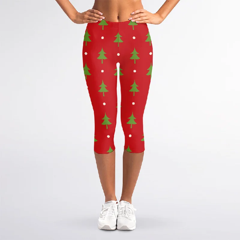 Polka Dot Christmas Tree Pattern Print Women's Capri Leggings Fashionable Solid Color Tights