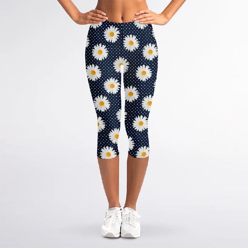 Polka Dot Daisy Floral Pattern Print Women's Capri Leggings Stylish Everyday Leggings