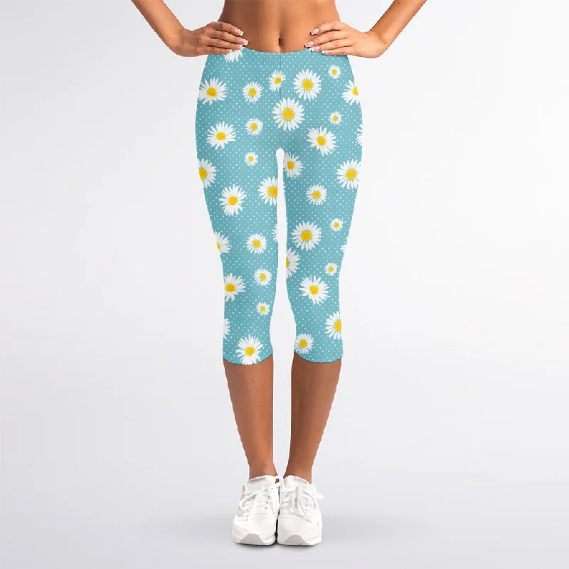 Polka Dot Daisy Flower Pattern Print Women's Capri Leggings Cozy Oversized Leggings