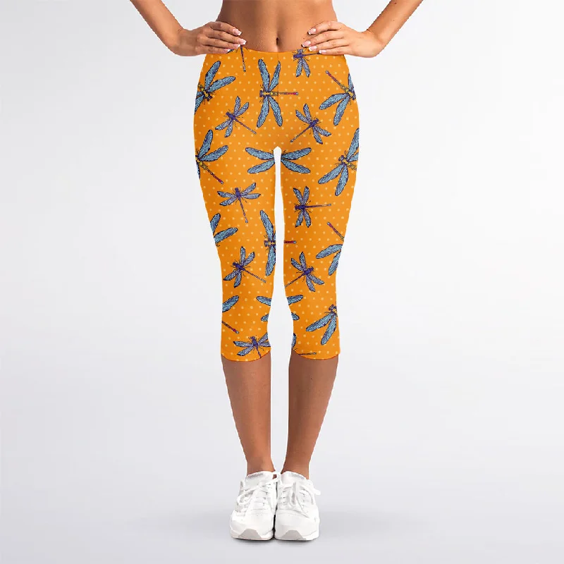 Polka Dot Dragonfly Pattern Print Women's Capri Leggings Fashionable High-Rise Workout Leggings