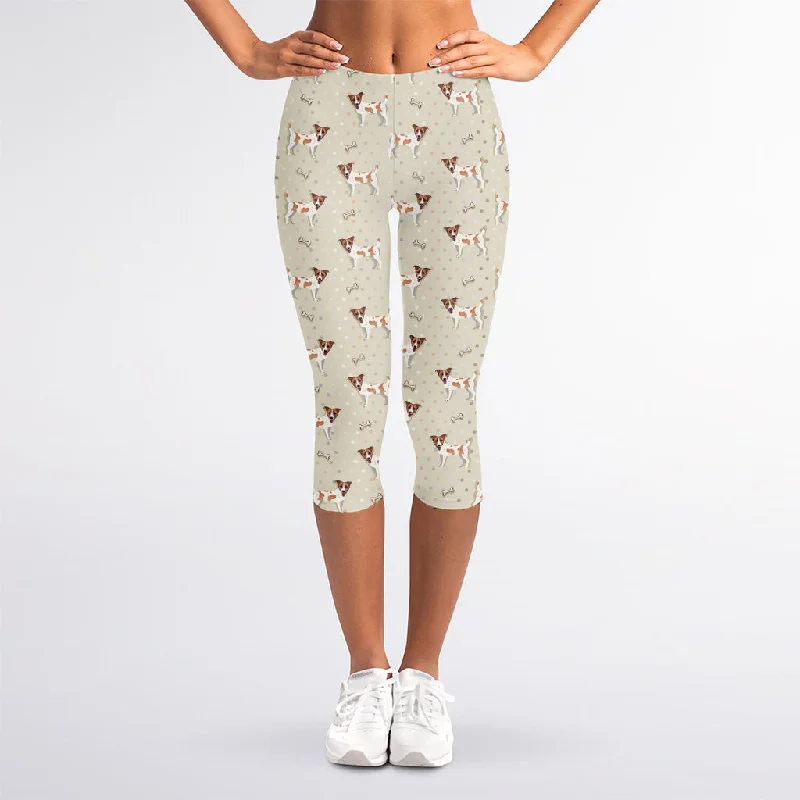 Polka Dot Jack Russell Terrier Print Women's Capri Leggings Comfortable Zip-Up Leggings