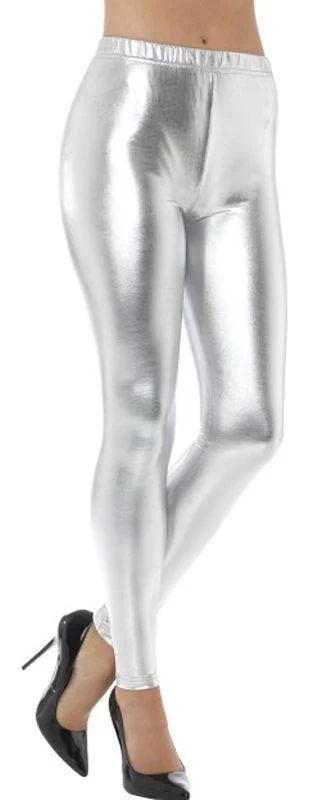 80s Silver Metallic Disco Leggings Comfortable Wide-Band Leggings