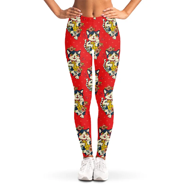 Japanese Cat Maneki Neko Pattern Print Women's Leggings Comfortable Fleece-Lined Leggings