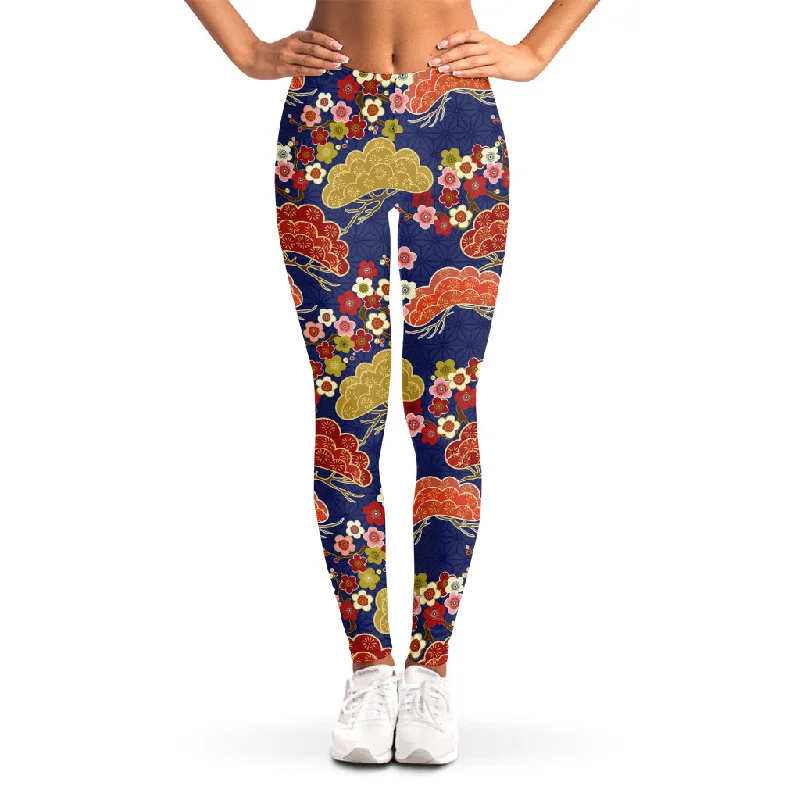 Japanese Cherry Blossom Pattern Print Women's Leggings Comfortable Ribbed Sports Leggings