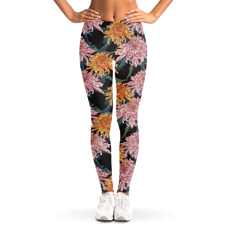 Japanese Chrysanthemum Pattern Print Women's Leggings Trendy Full-Length Leggings