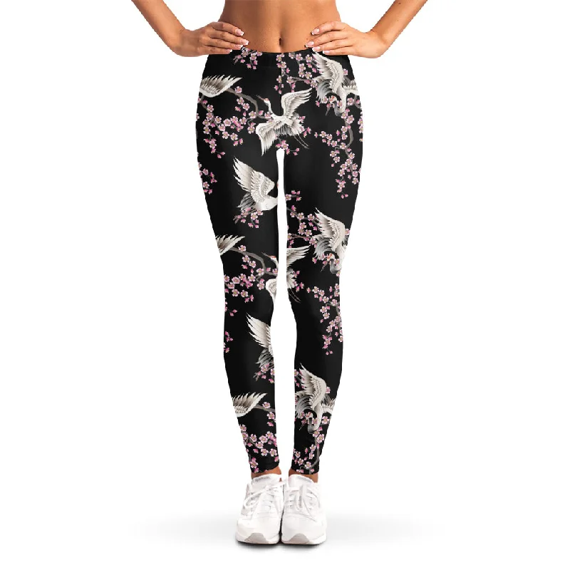 Japanese Crane Bird Pattern Print Women's Leggings Trendy Cut-Out Activewear Leggings