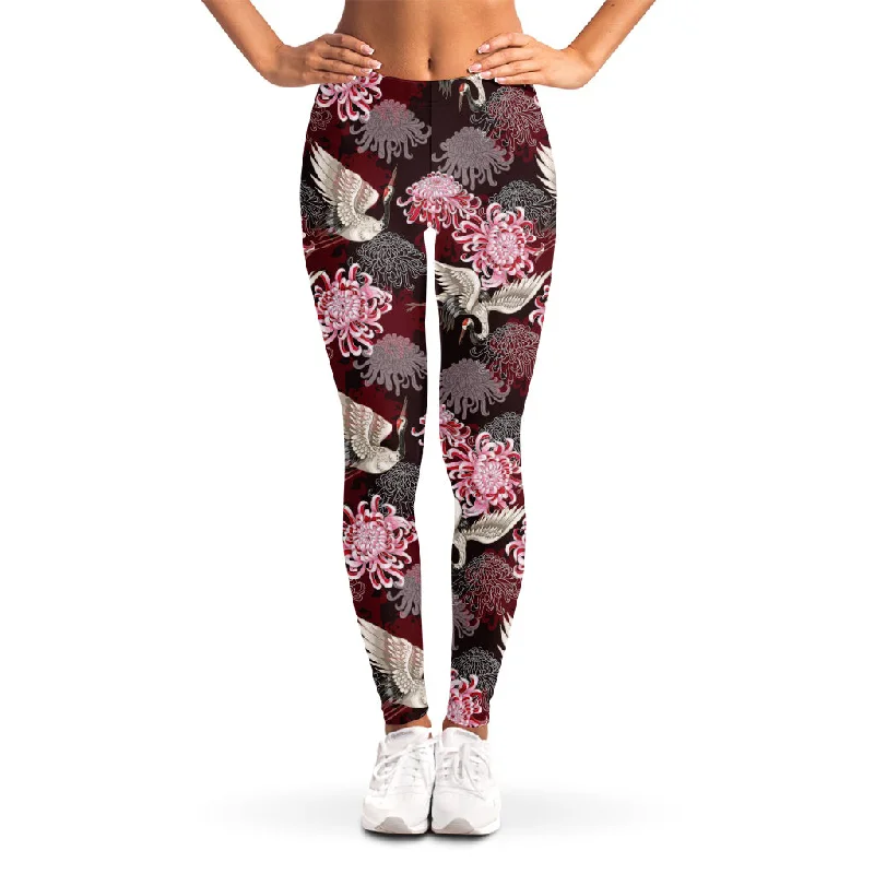 Japanese Cranes And Chrysanthemums Print Women's Leggings Cozy Mid-Rise Workout Leggings