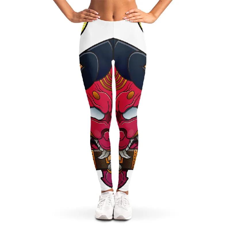 Japanese Demon Mask Print Women's Leggings Fashionable Minimal Active Leggings