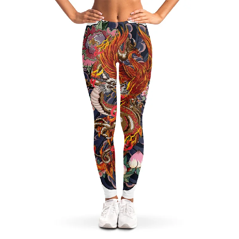 Japanese Dragon And Phoenix Tattoo Print Women's Leggings Fashionable Quick-Dry Yoga Pants