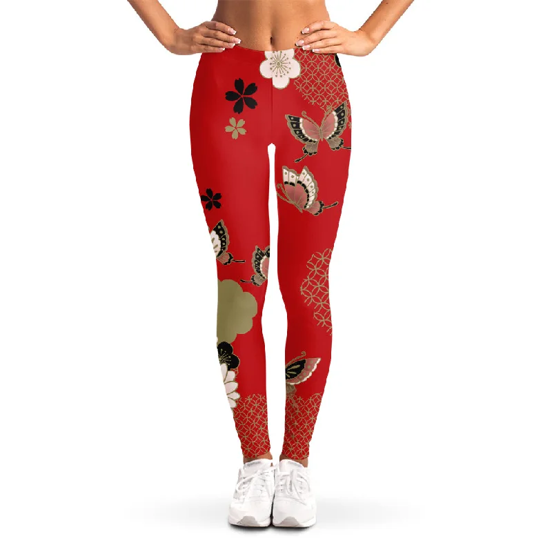 Japanese Flower Print Women's Leggings Cozy Textured Workout Leggings