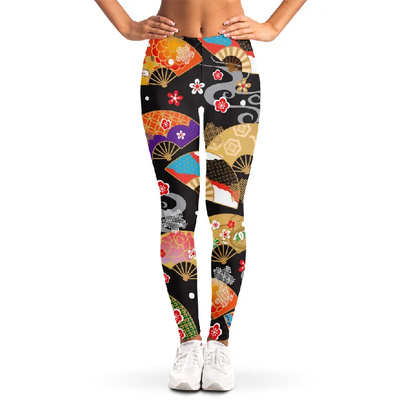 Japanese Hand Fan Pattern Print Women's Leggings Stylish Compression Fit Leggings