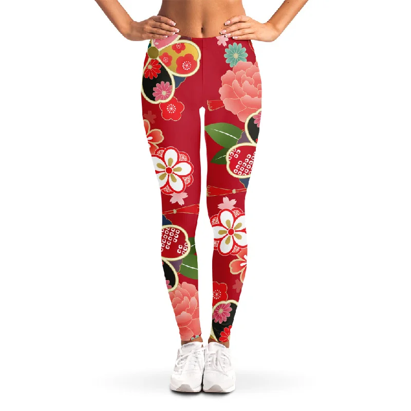 Japanese Kimono Pattern Print Women's Leggings Elegant Sheer Leggings