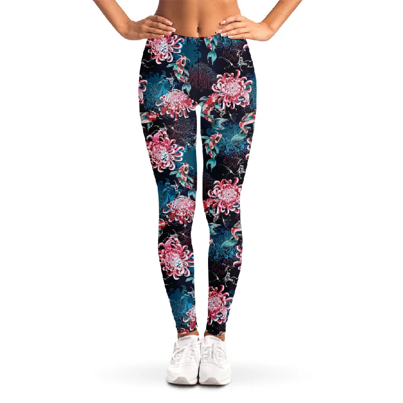 Japanese Koi And Chrysanthemums Print Women's Leggings Trendy Faux Suede Leggings