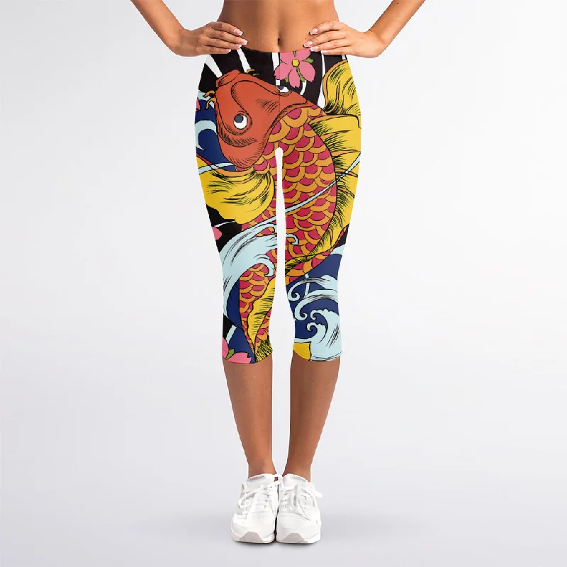 Japanese Koi And Flower Tattoo Print Women's Capri Leggings Comfortable Yoga Tights Leggings