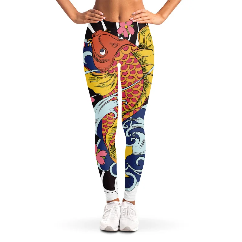 Japanese Koi And Flower Tattoo Print Women's Leggings Stylish Everyday Leggings