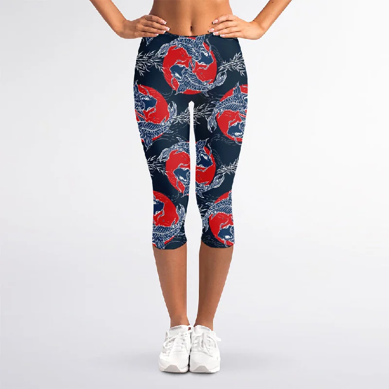 Japanese Koi Carp Fish Pattern Print Women's Capri Leggings Chic Floral Print Leggings