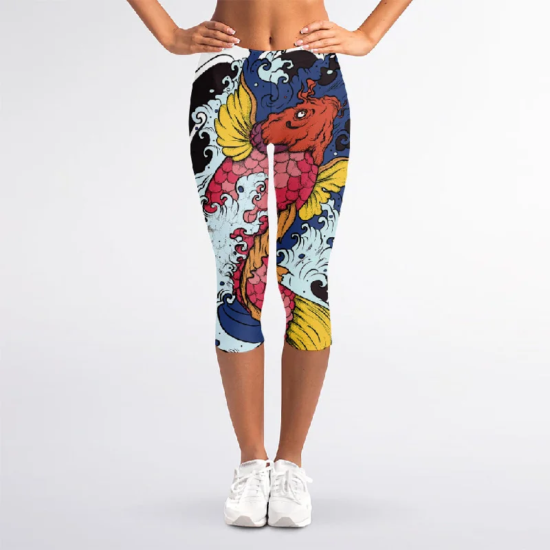 Japanese Koi Carp Tattoo Print Women's Capri Leggings Cozy Sweat-Wicking Leggings