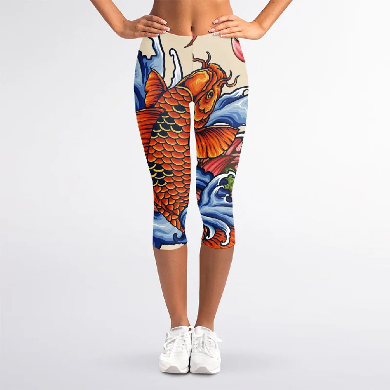 Japanese Koi Fish Tattoo Print Women's Capri Leggings Elegant Stretchy Faux Leather Leggings