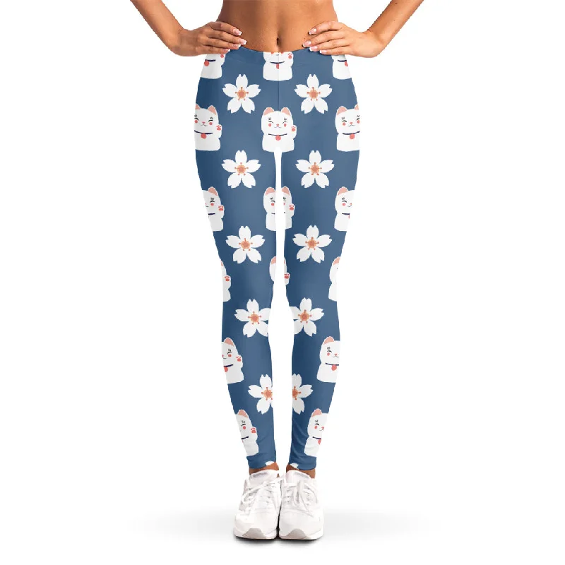 Japanese Lucky Cat And Sakura Print Women's Leggings Elegant Full-Body Leggings