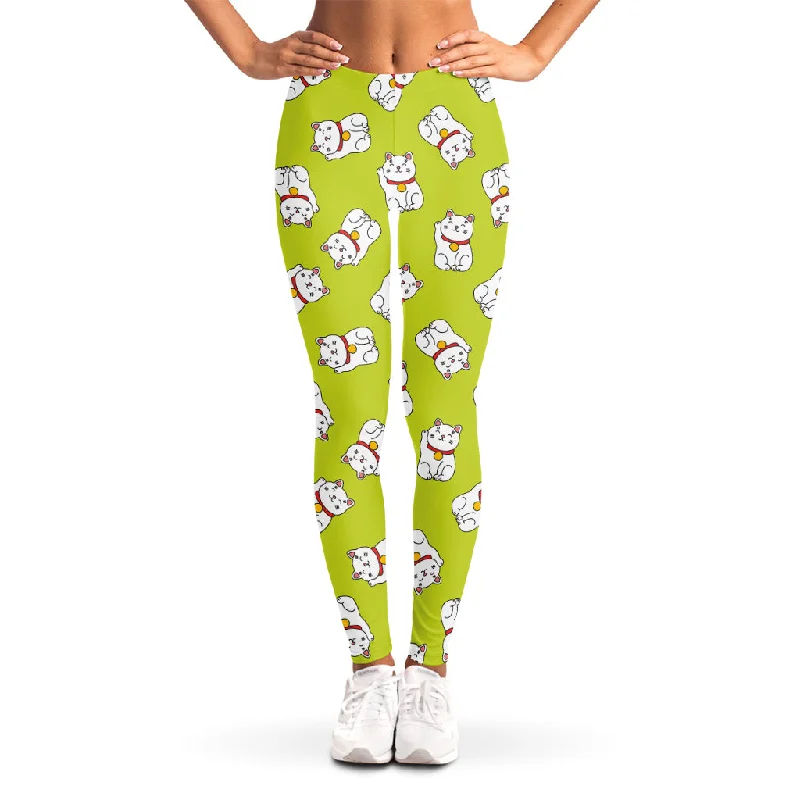 Japanese Lucky Cat Cartoon Print Women's Leggings Trendy Cold Weather Tights