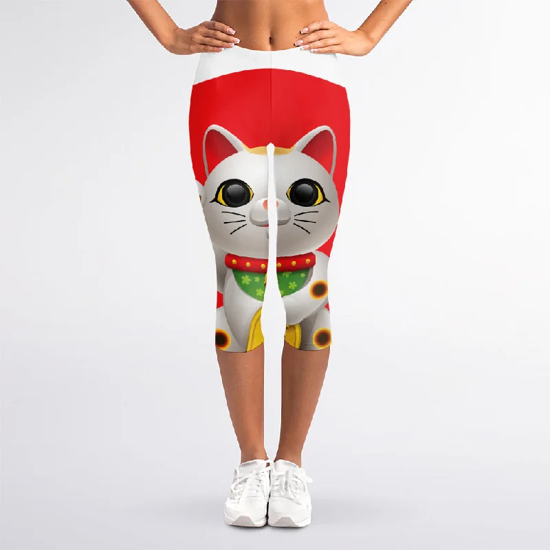 Japanese Lucky Cat Maneki Neko Print Women's Capri Leggings Elegant Satin Finish Leggings