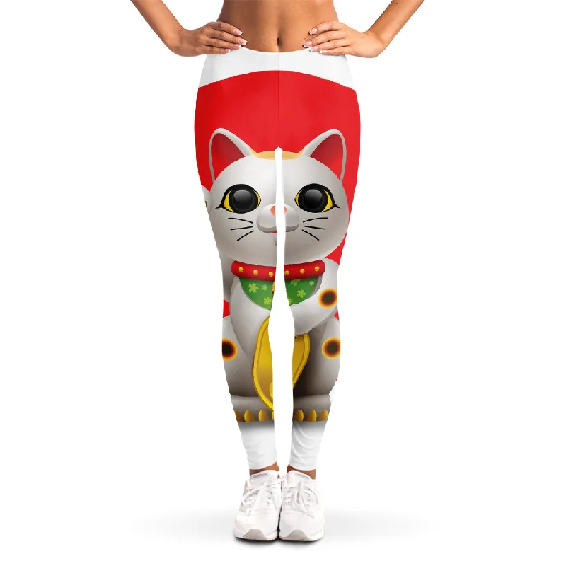 Japanese Lucky Cat Maneki Neko Print Women's Leggings Stylish Sweatproof Leggings