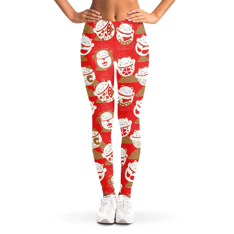 Japanese Lucky Cat Pattern Print Women's Leggings Comfortable Zip-Up Leggings