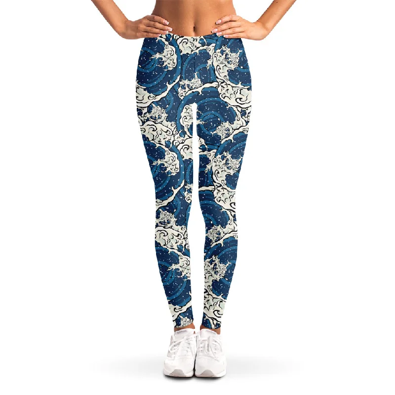 Japanese Ocean Wave Pattern Print Women's Leggings Comfortable Printed Workout Leggings